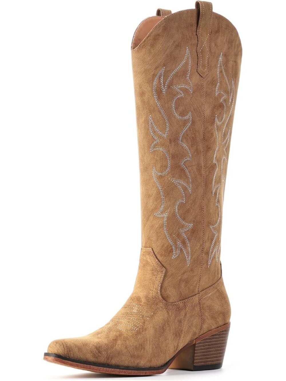 Women's Camel Embroidered Pull On Casual Low Heel Pointed Toe Cowgirl Boots